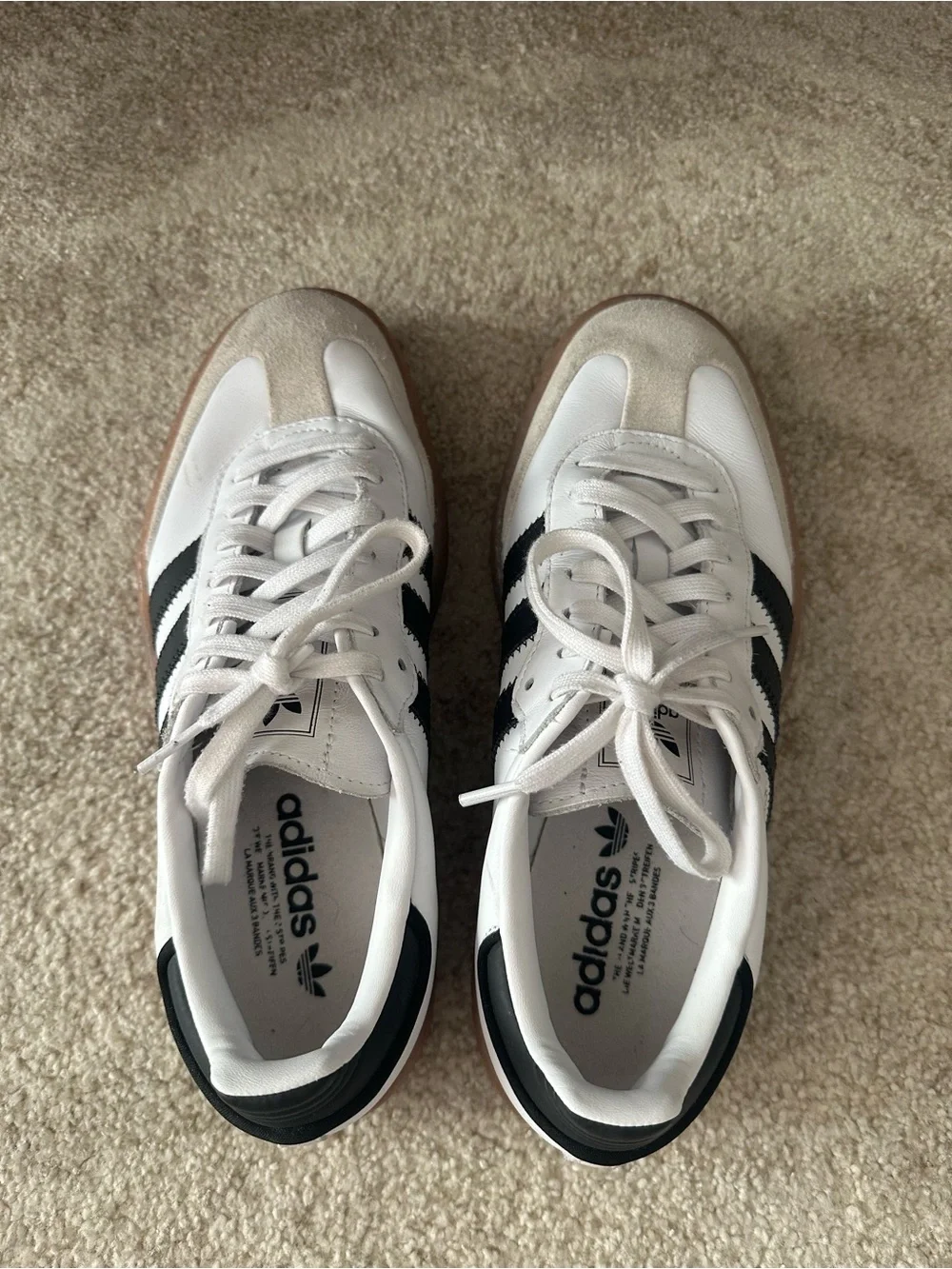 adidas White Sneakers with Black Stripes and Gum Sole